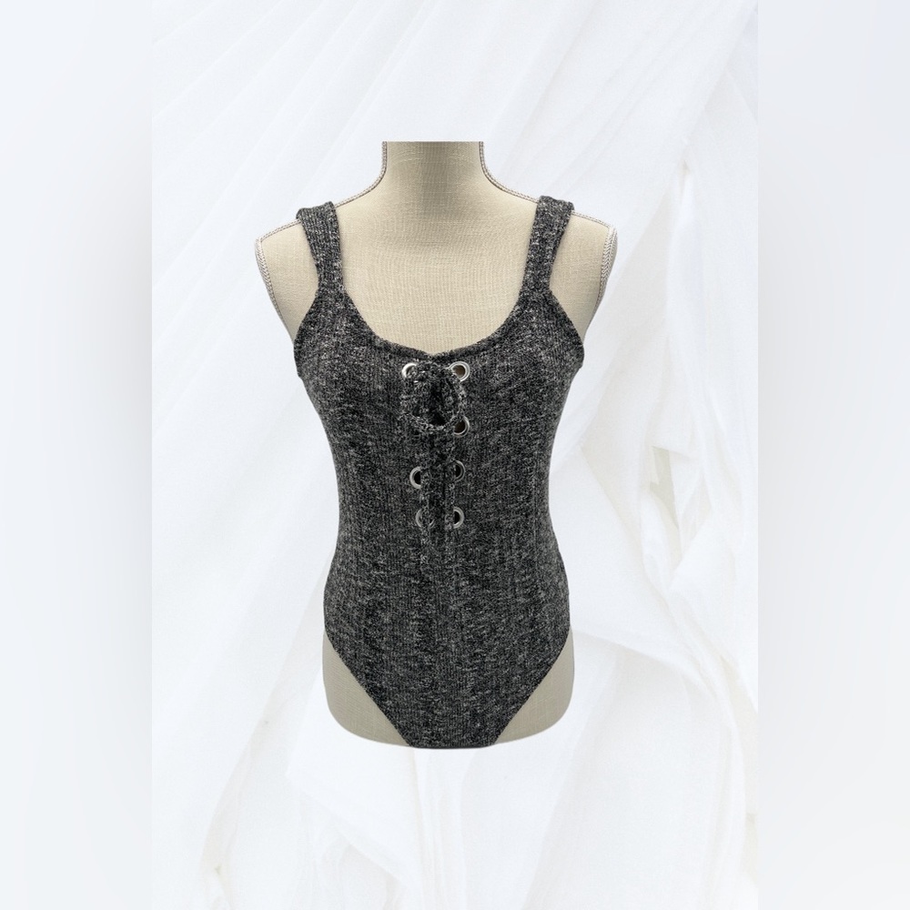 Express Heather Gray Grommet Lace Up Tank Bodysuit - Petite M
